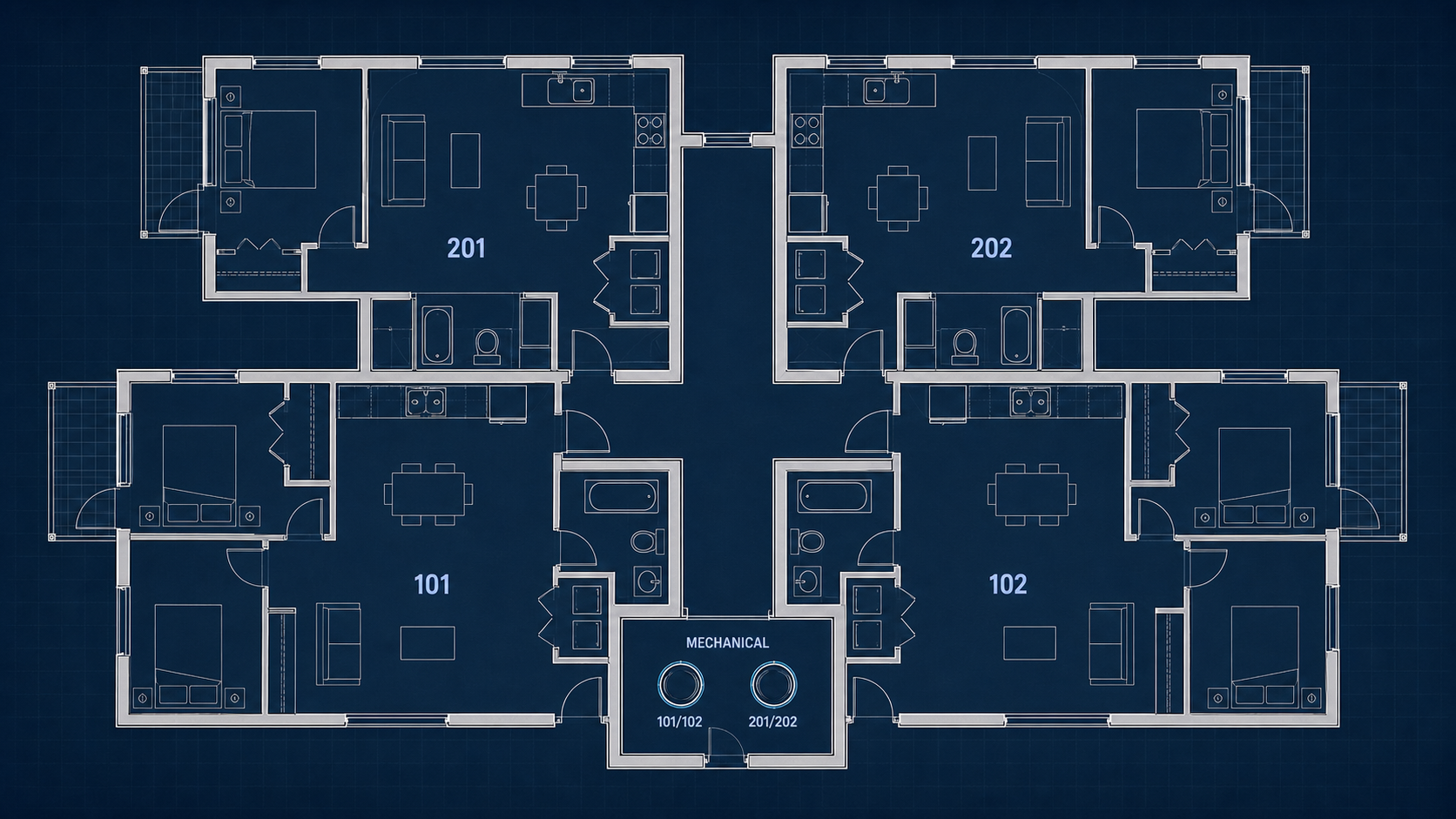 Plan architectural de quatre condos avec une salle mécanique compacte